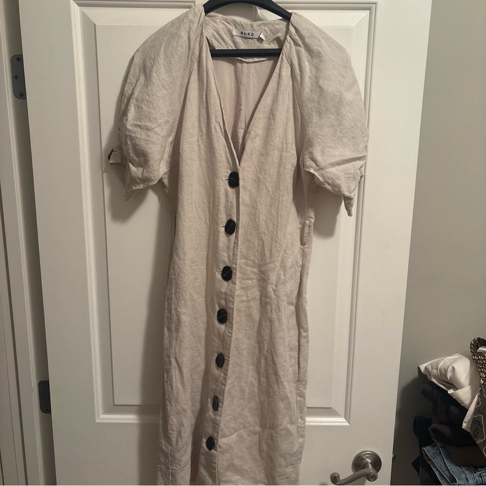 NA-KD BUTTONED LINEN DRESS V-NECK PUFF SLEEVES SAND SIZE SMALL - Picture 4 of 13
